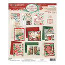 Santa's Winter Village card kit by Moda Collection, featuring 10 laser-cut cardstock sheets and 12 printable cards with festive Christmas designs, shown on a light beige background with product details and branding.