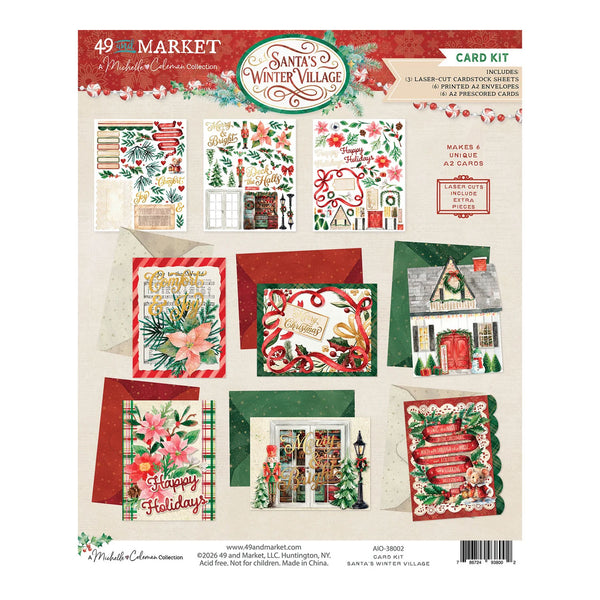 Santa's Winter Village card kit by Moda Collection, featuring 10 laser-cut cardstock sheets and 12 printable cards with festive Christmas designs, shown on a light beige background with product details and branding.