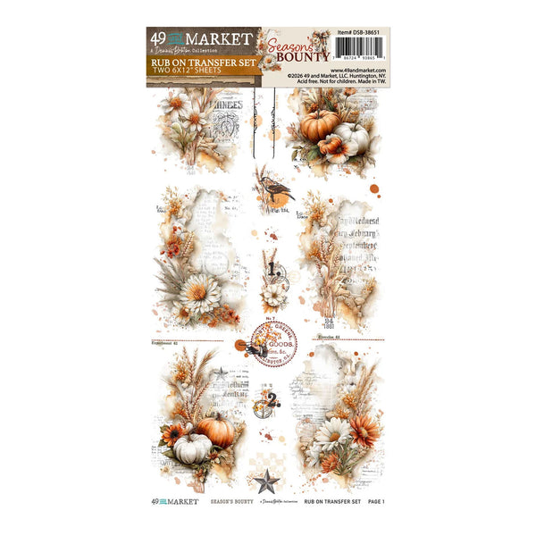 A sheet of craft transfer stickers from Sweet Scenery Boutique's 49 Market Rub On Transfer Set, featuring autumn-themed illustrations of pumpkins, daisies, a rabbit, a bird, and vintage postmarks on a white background.