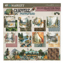 A 12 x 12 inch collection pack of scrapbook paper from 49 Sheets Market, titled 'Campfire Memories'. The pack contains 12 distinct sheets featuring various camping-themed designs, including tents, campfires, lakes, forests, and rustic patterns, with a brown header card and a decorative footer showing a mountain campsite scene.
