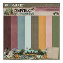 49 Dollar Market 'Campfire Memories' 12 x 12 solids collection pack, featuring 12 different colored paper sheets with a rustic camping theme illustration at the bottom.