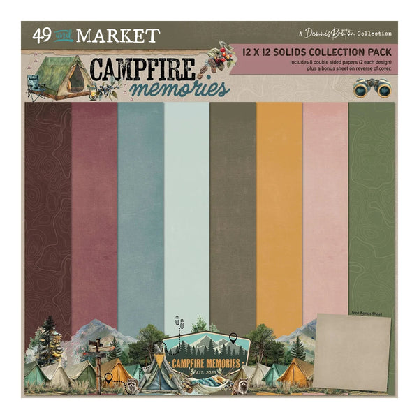 49 Dollar Market 'Campfire Memories' 12 x 12 solids collection pack, featuring 12 different colored paper sheets with a rustic camping theme illustration at the bottom.