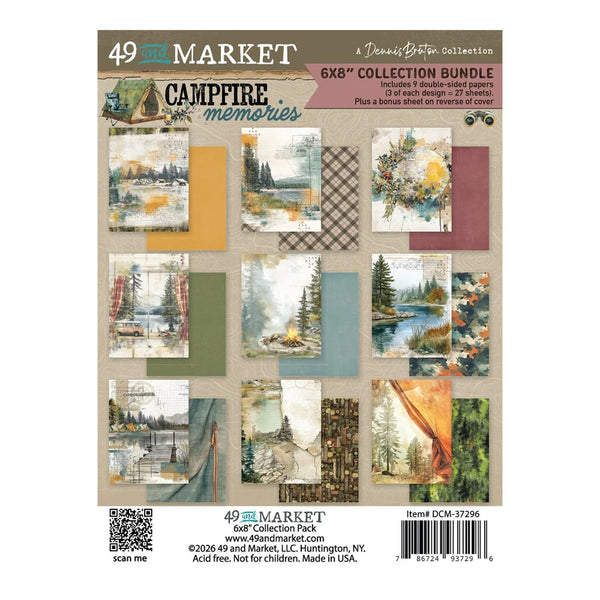 49 Market 'a DensenBotton Collection' Campfire Memories 6XB collection bundle scrapbook paper pack, featuring 15 assorted patterned sheets with woodland and campfire designs.
