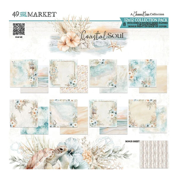 49th Market 'Coastal Soul' 12x12 paper collection pack by Home Decor Collection, featuring 8 scrapbook papers and 1 bonus sheet with a boho coastal theme in soft pastel colors.
