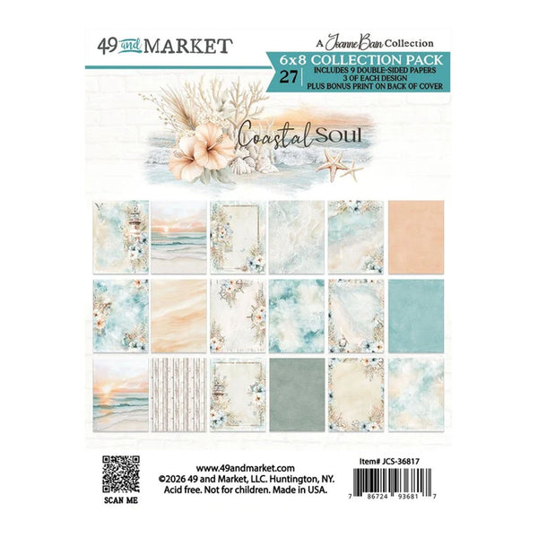 A 6x8 collection pack of scrapbooking papers from 49th Market, titled 'Coastal Soul'. The pack contains 27 sheets featuring various pastel beach-themed designs, including watercolor textures, floral patterns, and stripes in soft teal, beige, and cream tones.