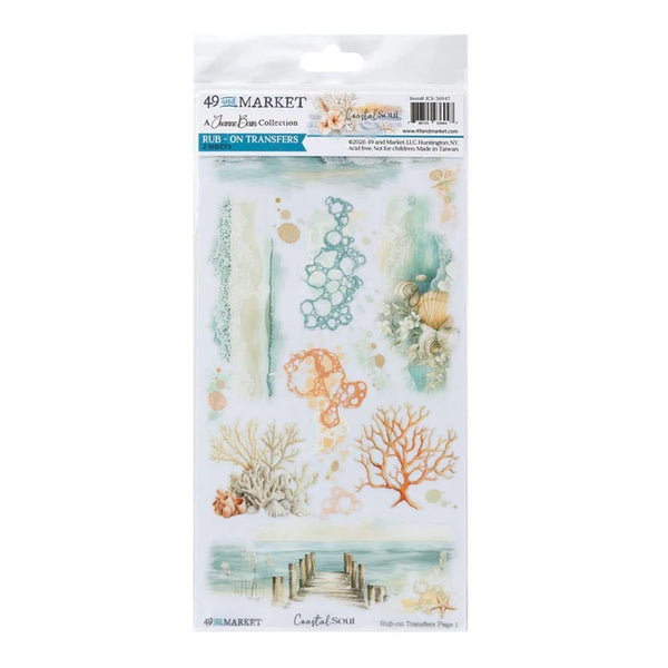 A package of 49% The Market 'Jewel Dream Collection' rub-on transfers featuring watercolor designs of coral, seashells, a pier, and lace borders in soft teal, orange, and beige tones.