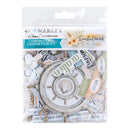 A clear plastic bag of Jena Isomarkets 'Coastal Soul' chipboard assortment, featuring 18 pieces with nautical designs like a ship's wheel, seashells, and beach-themed text stickers.