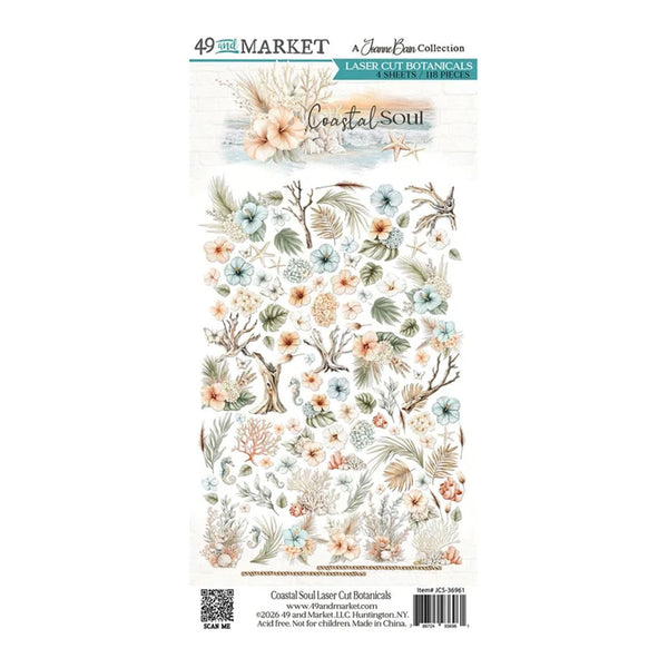 A sheet of decorative laser-cut botanicals from 49 and Market's Coastal Soul Collection, featuring watercolor-style flowers, leaves, and sea life on a white background.