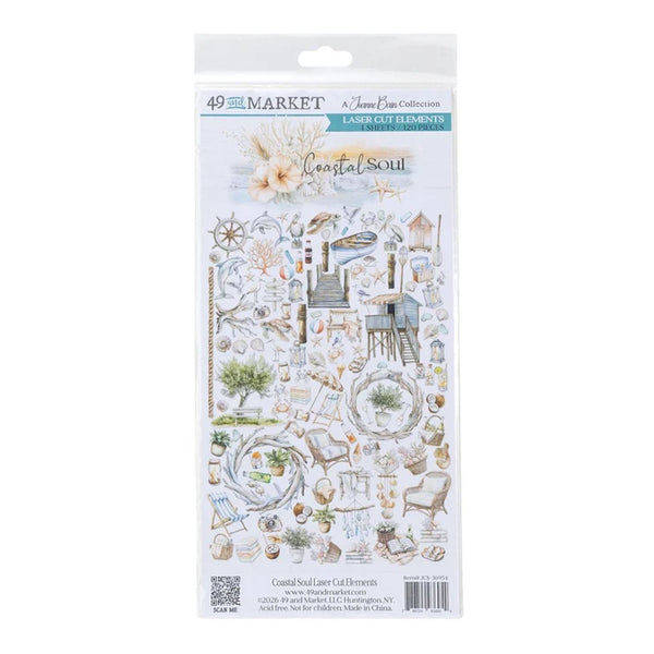 A package of 49 Market 'Coastal Soul' laser cut elements, featuring various nautical-themed illustrations like a lighthouse, ship's wheel, and seashells on a white background.