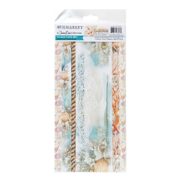 A packaged craft tape set from 49th & The Market's 'Jewel of the Seas Collection' featuring seashell and coral patterned tapes with a rope detail, in its original retail packaging.