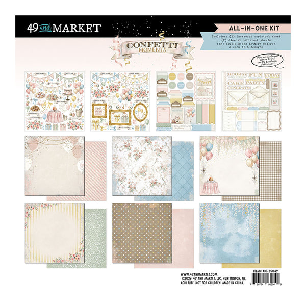 49 Brand Market All-In-One Kit scrapbook paper package showing a collection of 12 patterned paper sheets with vintage floral, polka dot, striped, and pastel designs.