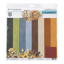 A 12x12 sheet of scrapbook paper from 49th & The Market's James Eason Collection, featuring 8 different colored solid sheets in a steampunk-themed package with gears and flowers.