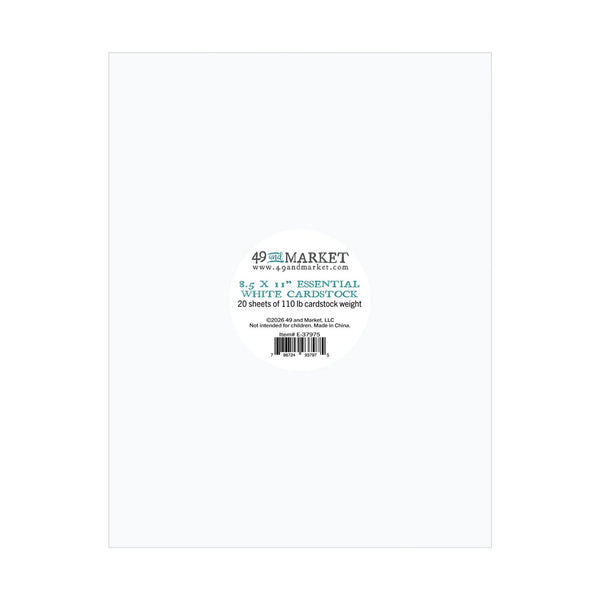 A pack of 20 sheets of 12 x 12 inch white cardstock from 49 and Market, shown flat against a white background with a barcode label in the center.