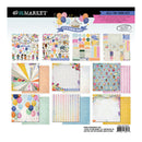 49 Star Market All-In-One Birthday Scrapbook Kit backing card showing multiple sample paper designs and coordinating sheets in pastel colors, with illustrations of balloons, banners, cake, and party decorations.