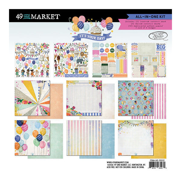 49 Star Market All-In-One Birthday Scrapbook Kit backing card showing multiple sample paper designs and coordinating sheets in pastel colors, with illustrations of balloons, banners, cake, and party decorations.