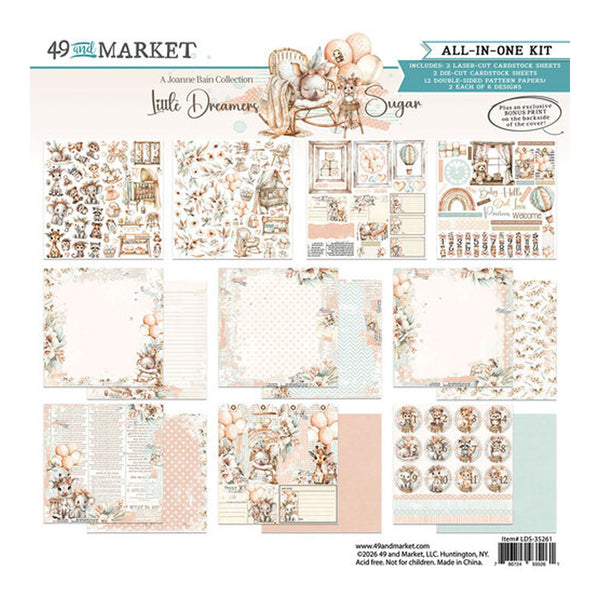 A 12-piece scrapbook paper and cardstock kit from 49 and Market's 'Little Dreamer Sugar' collection, featuring various pastel patterned sheets, floral designs, and decorative elements.