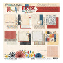 A 12x12 collection pack of scrapbook paper from Michelle Coleman Collection's 49th Market theme, featuring multiple patterned sheets with retro 1950s and 1960s designs, plus a bonus sheet, shown on a cream background.