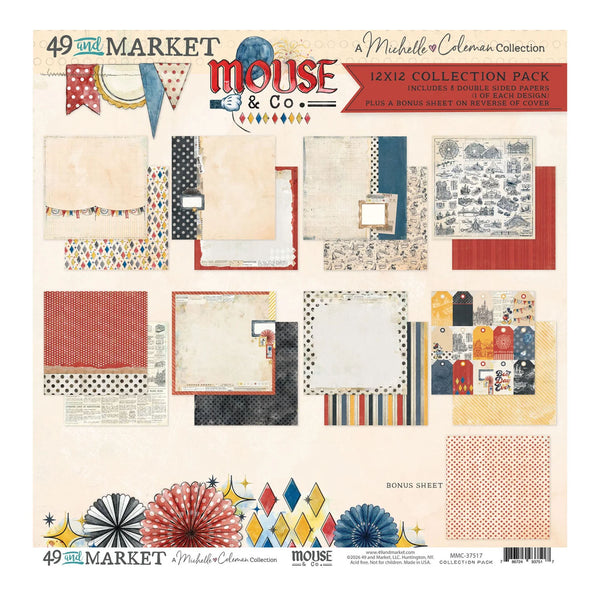 A 12x12 collection pack of scrapbook paper from Michelle Coleman Collection's 49th Market theme, featuring multiple patterned sheets with retro 1950s and 1960s designs, plus a bonus sheet, shown on a cream background.
