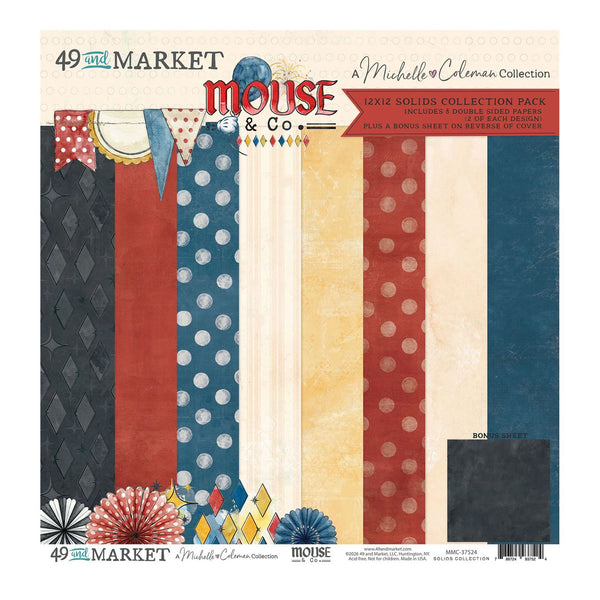 A 12x12 solids collection pack by Mouse & Co. from the 49th Street Market x Michelle Coloma Collection, featuring 12 different patterned paper sheets in various colors and designs like polka dots, stripes, and diamonds, along with a bonus sheet.