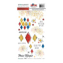 A packaged sheet of clear transfer-on-back paper stickers from Mouse 49 Magic Market, featuring watercolor fireworks, diamond shapes, stars, and phrases like 'SO MUCH FUN', 'BELIEVE', 'LET'S GO!', and 'Pure Magic'.