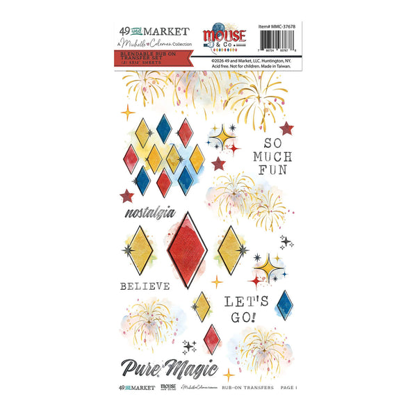 A packaged sheet of clear transfer-on-back paper stickers from Mouse 49 Magic Market, featuring watercolor fireworks, diamond shapes, stars, and phrases like 'SO MUCH FUN', 'BELIEVE', 'LET'S GO!', and 'Pure Magic'.