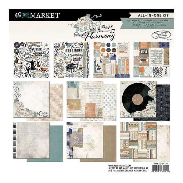 49 and Market All-In-One Kit scrapbook paper package showing 12 different patterned paper designs and sample sheets arranged in a grid on a white background.