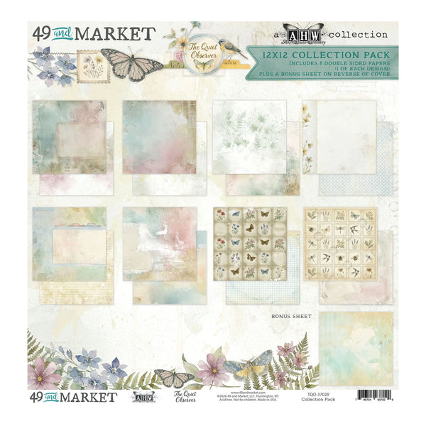 A 12x12 collection pack of scrapbooking paper from The Quiet Craze, featuring 12 different pastel watercolor designs, butterfly motifs, and floral accents on a cream background.