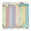 A 12x12 solids collection pack from 49 and Market by AHW collection, featuring 12 pastel-colored paper sheets in vertical stripes of sage green, dusty pink, lavender, light blue, cream, and mustard yellow, with vintage-style borders, butterflies, and floral accents.