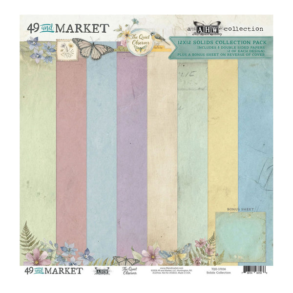 A 12x12 solids collection pack from 49 and Market by AHW collection, featuring 12 pastel-colored paper sheets in vertical stripes of sage green, dusty pink, lavender, light blue, cream, and mustard yellow, with vintage-style borders, butterflies, and floral accents.