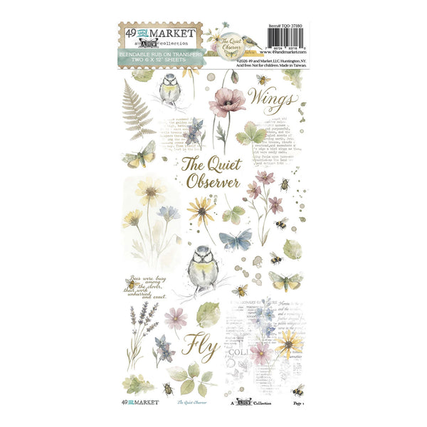 A sheet of decorative stamp designs featuring watercolor-style illustrations of birds, flowers, butterflies, leaves, and script text on a white background. The sheet includes branding for 'The Market' and 'The Quiet Observer' with the title 'The Quiet Observer' prominently displayed.