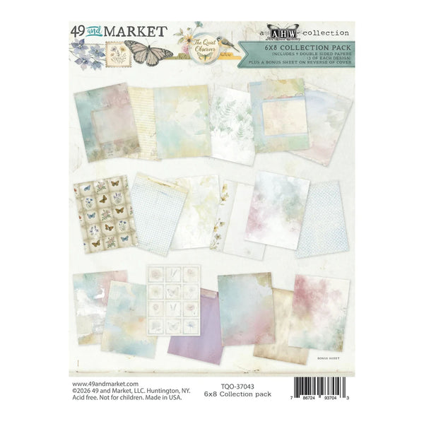 A 6x8 collection pack of scrapbooking papers from 49th and Market's 'Flower Collection' package. The package contains 8 double-sided papers with designs including watercolor washes, floral patterns, owl prints, and delicate borders.