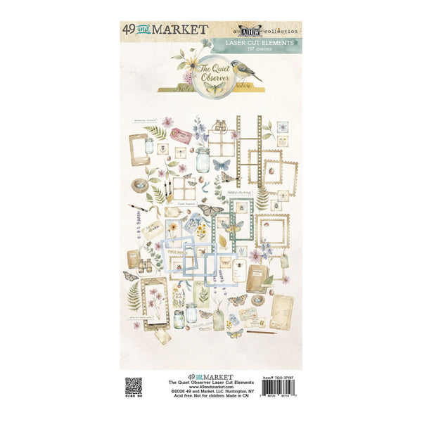 A sheet of scrapbook laser-cut elements from 49th Market's 'The Quirky Otter' collection, featuring vintage-style illustrations of mason jars, butterflies, floral frames, and labels on a cream background.