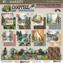 A 12 x 12 collection pack of scrapbook papers from 49th & Market's 'Campfire Memories' collection by designer Briton Brown. The pack includes 12 double-sided papers with various rustic campfire and nature designs, such as tents, campfires, lakes, forests, and plaid patterns, displayed on a beige background with product details and a barcode.