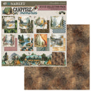 A 12 x 12 collection pack of scrapbook papers from 49th & Market's 'Campfire Memories' collection by Dana Gotton. The image shows the product's packaging card displaying various illustrated campsite scenes, alongside two large previews of the brown textured paper designs.