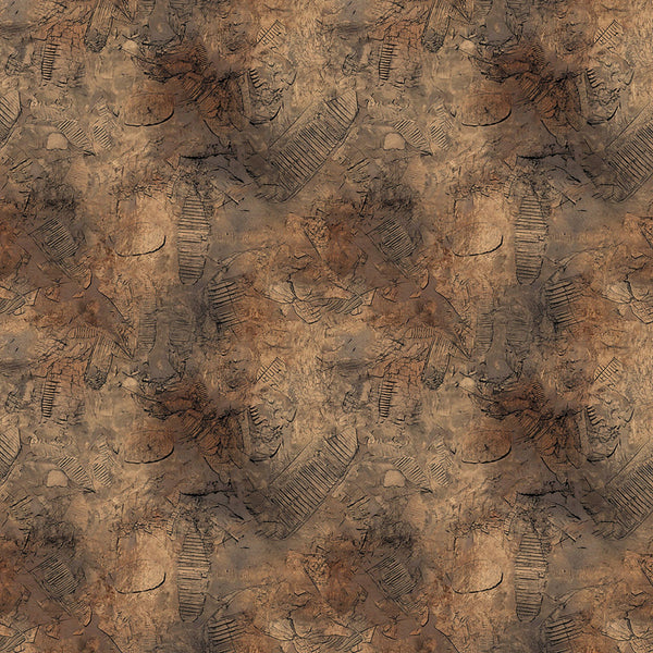 A seamless abstract pattern featuring textured, distressed brown and beige tones with organic, sketch-like dark gray and black line details.
