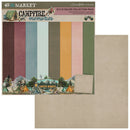 49 at Market 'Campfire Memories' 12 x 12 solids collection pack by Papermania, featuring 12 double-sided patterned papers in a campfire-themed palette with a large preview of the beige textured paper on the right.