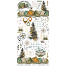 A sheet of camping-themed transfer stickers or decals featuring illustrated tents, trees, footprints, compass roses, and phrases like 'Damp More, Worry Less' and 'The Great Outdoors' on a white background.