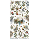 A sheet of Camille Mondon 'Au Parc' (In the Park) sublimation transfer stickers, featuring a detailed nature collage with yellow-breasted birds, berries, caterpillars, thistles, and a small landscape scene on a white background.