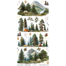 A sheet of camping-themed decoupage paper featuring four illustrated mountain campsite scenes with pine trees, tents, boots, maps, and outdoor icons, shown on a white background.