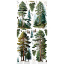 A sheet of craft cutouts featuring various watercolor-style pine trees, evergreens, and small forest motifs, with small printed text and symbols around the edges on a white background.