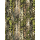 A repeating vertical pattern of weathered wooden planks in brown, gray, and beige tones, interspersed with patches of green grass and shrubs, shown as a flat-lay design.