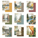 A 3x4 grid of twelve distinct camping and outdoor-themed paper card designs, each featuring watercolor-style illustrations of forests, lakes, campfires, and cabins, layered over solid color sheets in earthy tones.