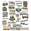 A sheet of assorted camping and outdoor-themed sticker designs with phrases like 'Adventure Calling,' 'Camping Crew,' 'Nature's Therapy,' and 'Wander Where The Sweat Goes.'.