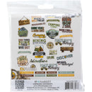 A package of 49 Market Chipboard Sentiments die-cut stickers featuring various rustic outdoor and camping-themed phrases like 'Nature's therapy', 'Hiking', 'Camping Crew', and 'The Scenic Route'.