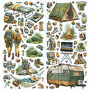 A collage of illustrated camping-themed items and scenes, including a tent, camper trailer, sleeping bag, hammock, campfire, lanterns, hiking boots, backpacks, maps, compasses, ropes, and small outdoor details, arranged on a white background.