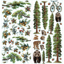 A sheet of illustrated forest-themed stickers or decals on a white background, featuring pine trees, pinecones, berries, squirrels, a raccoon, a bear, a mountain bike, and a snake.