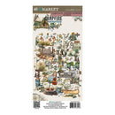 A vertical package insert for 49 Market Campfire Fishing Elements laser-cut stickers, featuring a collage of illustrated camping and fishing-themed elements on a cream background.