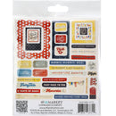A package of 49 and Market Chipboard Elements scrapbook stickers featuring various colorful text and decorative labels on a white background.