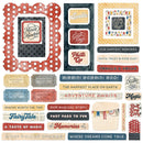 A collage of scrapbook paper and die-cut sticker designs with vintage travel ticket and label motifs in red, navy, cream, beige, and muted blue tones. Visible text includes phrases like 'Mouse Memories,' 'Smile,' 'Good Times,' 'Photo Op,' 'BIBBIDI BOBBIDI BOO!,' 'FAITH.
