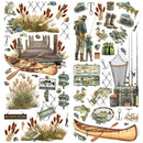 A collage of illustrated fishing and boating-themed graphics on a white background, including canoes, docks, reeds, fish, ducks, rods, hats, boots, hooks, nets, and signs.